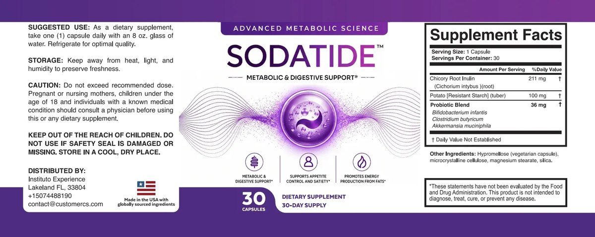The Sodatide wrap label: suggested use, storage and distributor details on the left, the front panel in the centre, and a Supplement Facts panel on the right listing chicory root inulin 211 mg, potato resistant starch 100 mg and a 36 mg probiotic blend of Bifidobacterium infantis, Clostridium butyricum and Akkermansia muciniphila