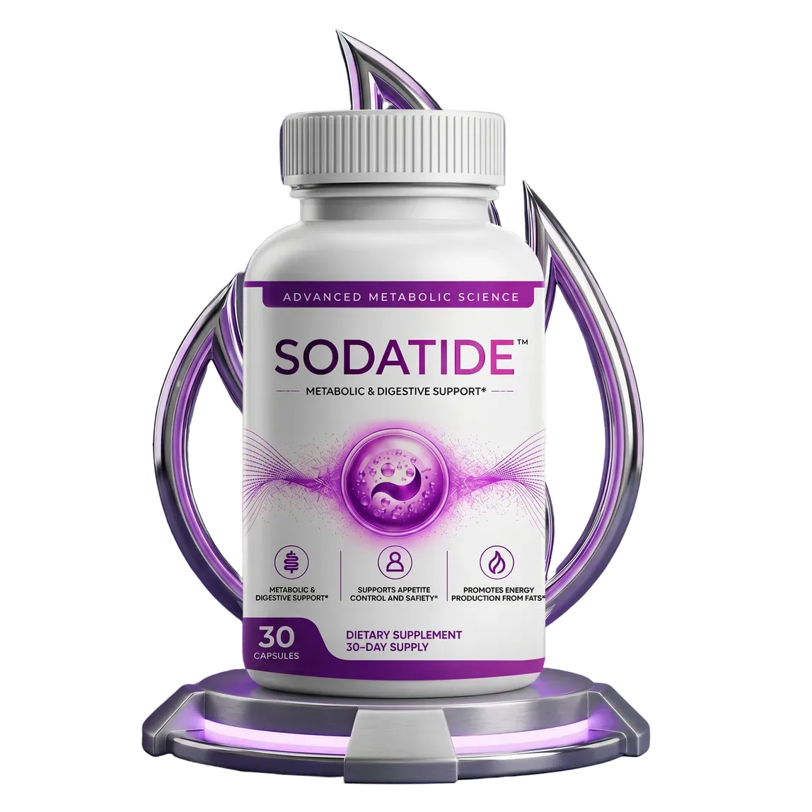 Sodatide bottle of 30 capsules, front reading Metabolic and Digestive Support
